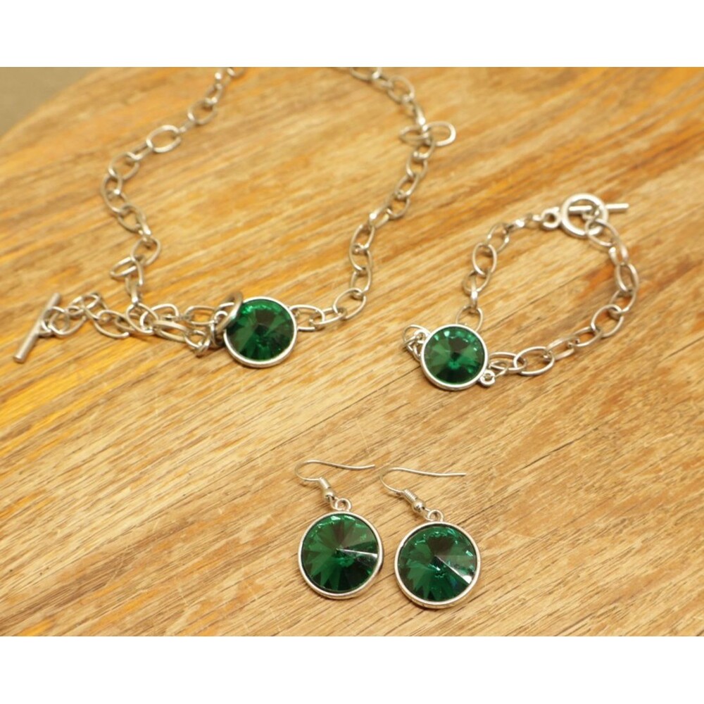 Emerald Green Crystal Jewelry Set Silver Tone Toggle Chain Necklace Bracelet
